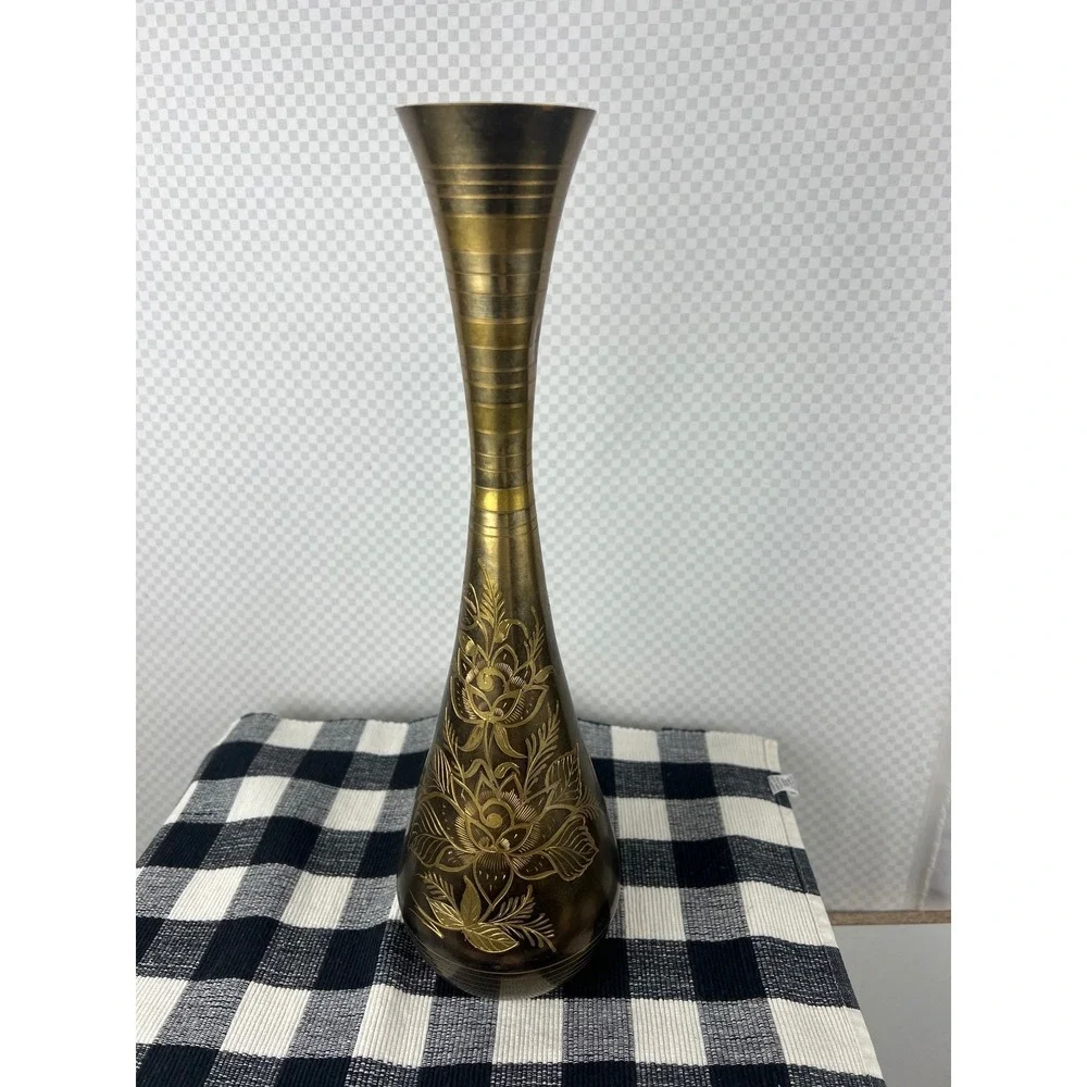Vintage Etched Brass Floral Vase Tall Bud Vase Gold Tone Boho Decor 15